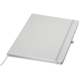 A white A4 notebook with a grey elastic band closure and a bookmark ribbon, featuring a logo on the front.