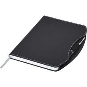 A black A5 notebook with a stitched finish, featuring a pen holder and ribbon marker. It has a logo on the cover.