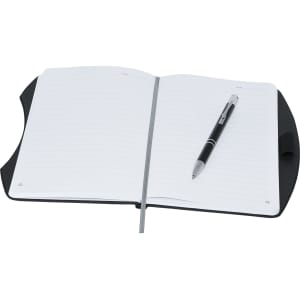 A black rPET A5 notebook with lined pages and a silver pen resting on it. The notebook features a logo.