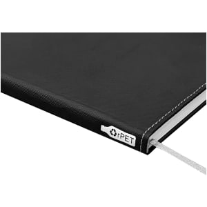 A black rPET A5 notebook with a textured cover and a ribbon bookmark, featuring a logo on the side.