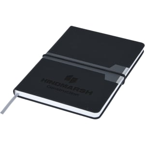 A black A5 notebook with an elastic band and branding, featuring a sleek design and a side pocket.