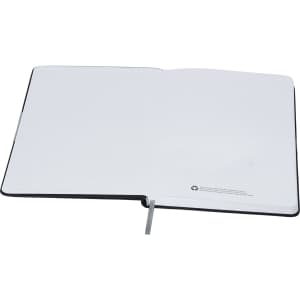 A black A5 notebook featuring blank white pages and a bookmark ribbon, with a branding logo on the cover.