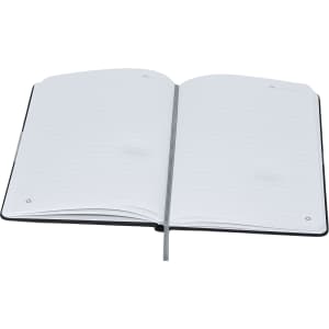 A black A5 notebook with a ribbon marker, featuring lined pages and a simple design.