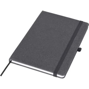 A grey A5 notebook with a textured cover and an elastic band closure, featuring a ribbon bookmark.