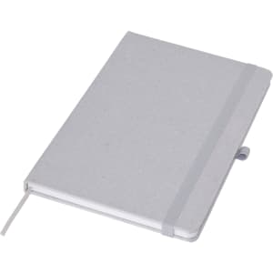 A grey recycled notebook with an elastic band, featuring a bookmark and a subtle logo.