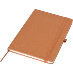 A brown recycled A5 notebook with an elastic band closure and a ribbon bookmark. The cover has a textured finish.