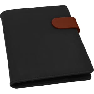 A black portfolio binder with a brown clasp, featuring a logo. Ideal for organising documents.
