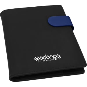 A black A5 portfolio with a blue clasp and a logo on the front, ideal for office and business use.