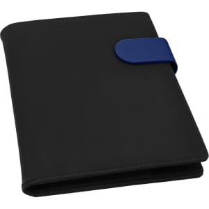 A black A5 portfolio with a blue clasp, featuring a logo on the front. Ideal for organising documents.