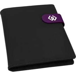 A black portfolio with a purple clasp and an emblem on the front. Suitable for office and business use.