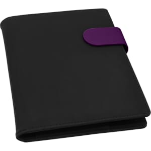 A black portfolio with a purple clasp, featuring a smooth finish and a subtle logo. Suitable for office use.