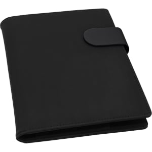 A black A5 portfolio with a smooth finish and a clasp closure. It features a subtle logo on the front.
