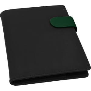 A black portfolio with a green clasp, featuring a simple and sleek design suitable for office and business use.