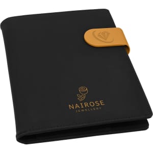 A black portfolio with a yellow clasp and a logo on the cover, designed for office and business use.