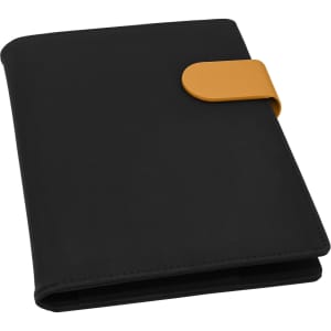 A black portfolio with a yellow clasp, featuring a sleek design suitable for office and business use.