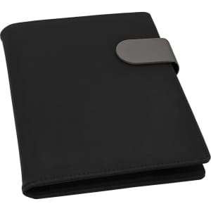 A black portfolio with a grey closure. It features a smooth finish and has a logo.