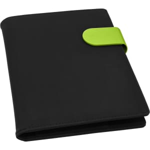 A black portfolio with a vibrant green clasp, featuring a smooth finish and a simple design.