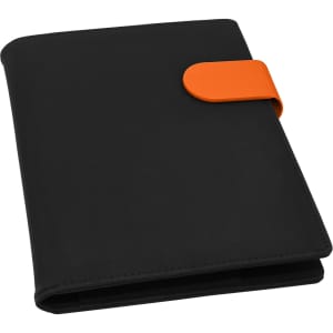 A black portfolio with an orange clasp, designed for office and business use. It includes a logo.