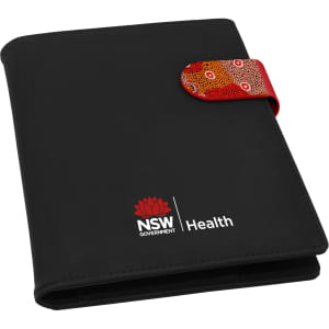 A black A5 portfolio with a colourful patterned clasp and a logo on the front.
