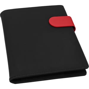A black portfolio with a contrasting red clasp, featuring a smooth finish and an internal organisational layout.