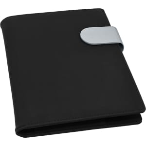 A black portfolio with a silver clasp, featuring a sleek design suitable for office use.
