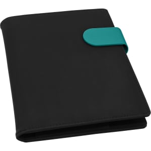 A black portfolio with a teal fastening, featuring a sleek design and a logo on the cover.