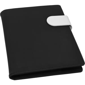 A black A5 portfolio with a white clasp, featuring a smooth exterior and an inner pocket.