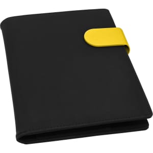 A black A5 portfolio with a yellow closure, featuring a logo on the front. Ideal for business use.