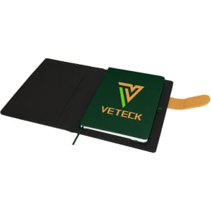 A green Carnival A5 portfolio with a logo, featuring a black cover and a tan elastic band closure.