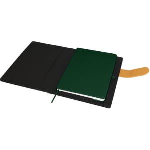A green notebook inside a black portfolio with a yellow accent. The portfolio has an interior pocket.