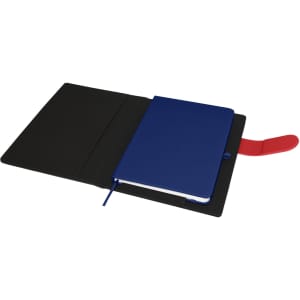 An A5 portfolio featuring a black exterior and a blue notebook inside, with a red elastic closure.