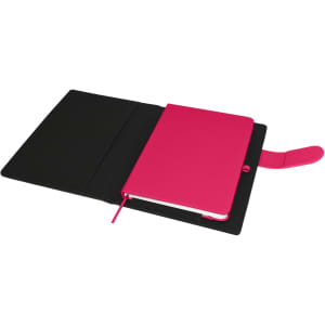 A pink A5 portfolio with a black cover and an elastic closure, featuring an inner notebook.