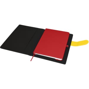 A black portfolio featuring a red notebook, with a yellow tab. Includes an inner pocket for storage.