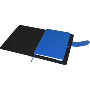 A black portfolio with a blue notebook inside and a blue elastic closure. Features a logo on the exterior.