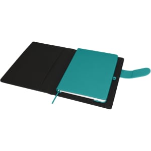 A teal portfolio with a black interior, featuring a notebook and a closure strap. It has a branding logo.