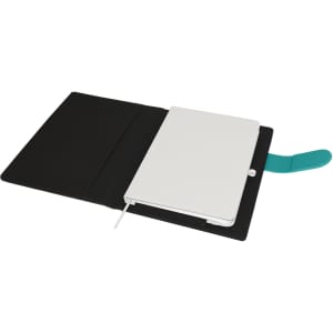 A black and turquoise A5 portfolio with a white notebook inside, featuring a flap cover and a bookmark.