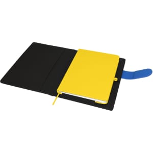 A black portfolio with a bright yellow notebook inside, featuring a blue tab for easy retrieval.