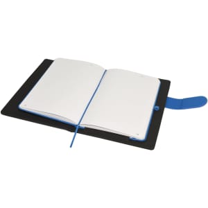 A black portfolio with a blue accent, featuring an open notebook with blank lined pages inside.