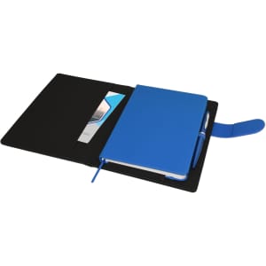 A black portfolio featuring a blue notebook and pen, with an interior pocket for cards.