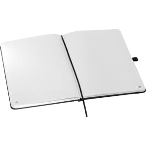 An A5 notebook with a black cover and dot grid pages, featuring a ribbon bookmark and an elastic closure.