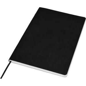 A black A5 notebook with a smooth texture, featuring a bookmark ribbon and a logo on the cover.