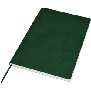 A green A5 notebook with a smooth cover and a ribbon bookmark, featuring a simple design and no visible branding.