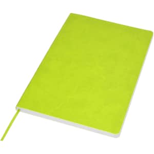 A bright green A5 notebook with a plain cover and a matching ribbon bookmark. It features a branding logo.