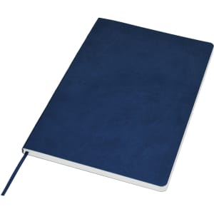 A navy blue A5 notebook with a textured cover and a ribbon bookmark, featuring a logo on the front.