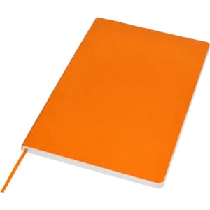 An orange A5 notebook with a textured cover and a ribbon bookmark, featuring a logo on the exterior.