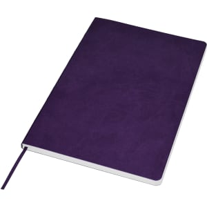 A purple A5 notebook with a textured cover, featuring a ribbon bookmark and a subtle logo.