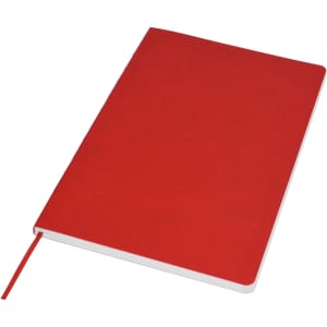 A red A5 notebook with a plain cover and a ribbon bookmark, featuring branding on the front.