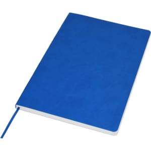 A blue A5 notebook with a textured cover and a ribbon bookmark, featuring a logo on the front.