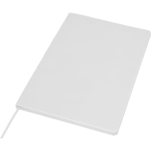 A white A5 notebook with a smooth cover and a ribbon bookmark, featuring a subtle logo.
