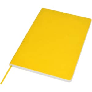 A yellow A5 notebook with a smooth cover, featuring a ribbon bookmark and a white spine.